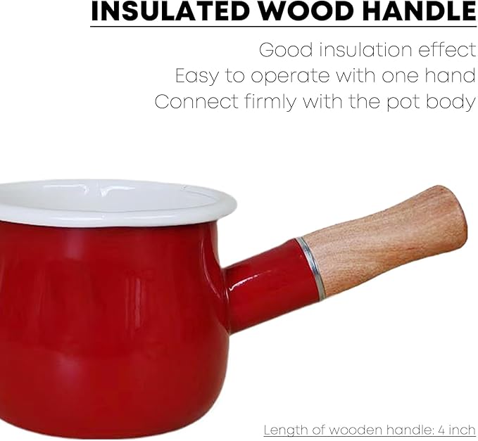 0.6qt Mini Enamel Milk Pot Insulated Wooden Handle 2 Pour Spouts Small Food Warmer Cute Saucepan (D015,RED)