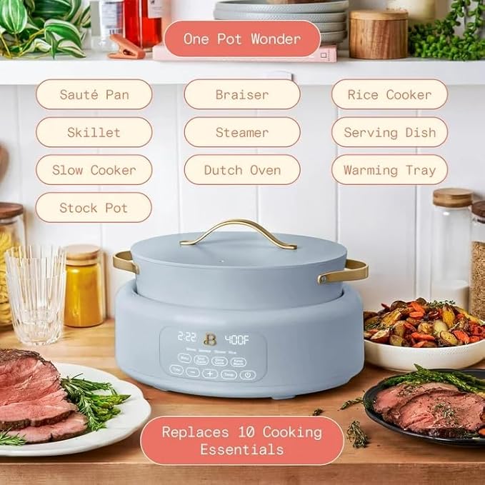 Beautiful 10-in-1, 6-Qt Electric Multi-Cooker | Programmable Touch Display | 7 Presets up to 400 °F | Sear Slow-Cook Steam Rice Warm | Oven-Safe Pot & Lid (Blue)