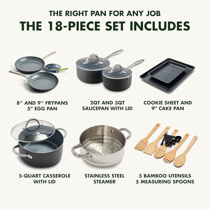 GreenPan Lima Hard Anodized Healthy Ceramic Nonstick 18 Piece Cookware Bakeware Pots and Pans Set, PFAS-Free, Oven Safe, Gray