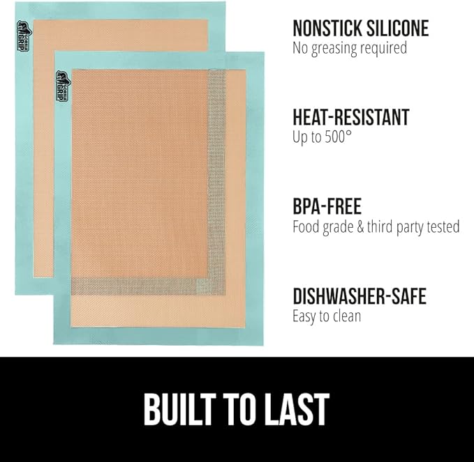 GORILLA GRIP Reusable Nonstick Silicone Baking Mat, 2-Pack, 16.5x11.87, Half Sheet, BPA-Free Oven Safe Food Liner for Cookie Sheets, No Mess Easy Clean Pastry Mats, Holiday Baking Essentials, Mint