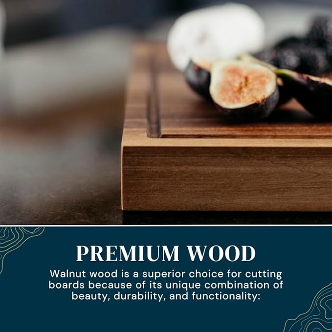 Handmade Walnut Cutting Board with Juice Groove and Handles – Includes Natural Wood Seasoning Wax – Premium Wooden Chopping Board Gift Set