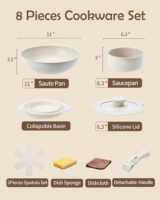 Ceramic Cookware Sets, Pots and Pans Set Nonstick, 8Pcs Induction Cookware, Healthy Detachable Handle Cookware Set, PFAS PTFE PFOA PFOS Free Orange