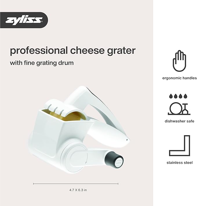 Zyliss Classic Rotary Cheese Grater - NSF Restaurant Certified Handheld Grater - Can be used for Hard Cheese, Chocolate & More - With Comfortable Handle & Easy-to-Clean Drum - White