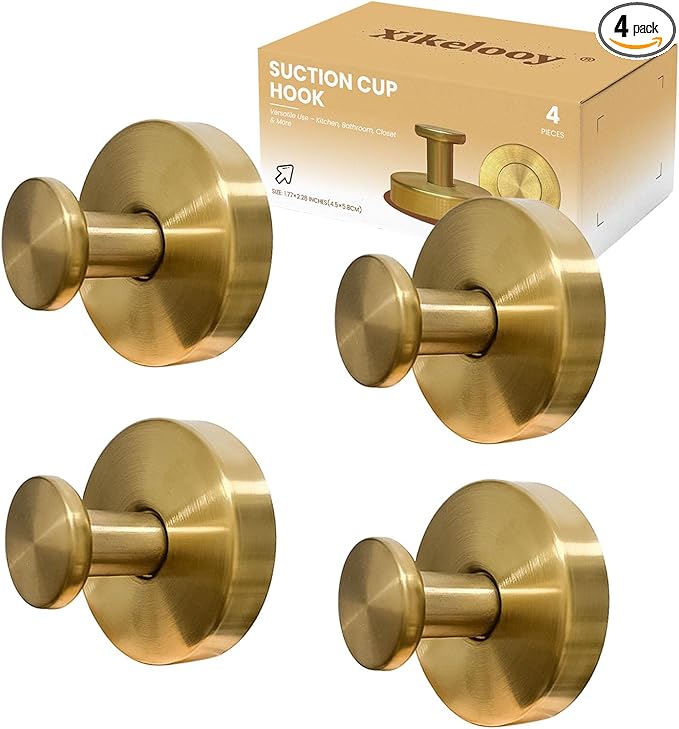 4 Pcs Suction Cup Hook for Shower，Removable Hooks，Towel Hooks，Suction Hooks for Bathroom, Bedroom, Glass Window (Gold)
