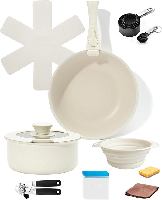 11Pcs Non Stick Pots and Pans Set | Ceramic Cookware Set with Detachable Handle | PFAS-Free, Oven & Induction Safe (White)