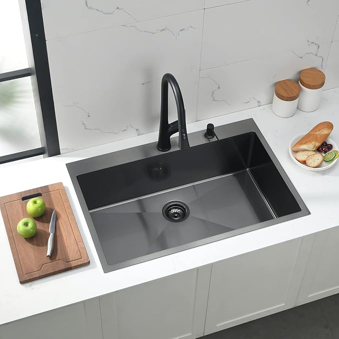 33 Inch Drop In Black Kitchen Sink, Doirteal 33 x 22 x 10 Inch 16 Gauge Stainless Steel Single Bowl Kitchen Sinks Topmount Kitchen Sink Single Basin With Bottom Grid