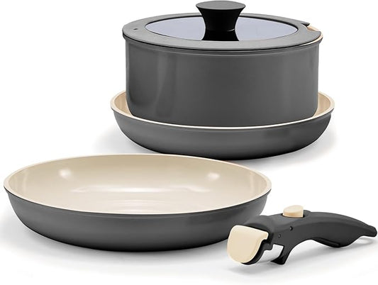 Non Stick Pots and Pans Set with Removable Handle, Ceramic Cookware Set Detachable Handle, 5pcs Induction Kitchen Camping Stackable Pots Pans, Dishwasher/Oven Safe, Black, PTFE/PFOA/PFAS-Free