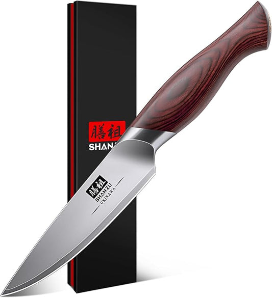 SHAN ZU Paring Knife 3.75 Inch, High Carbon Japanese 10Cr15Mov Stainless Steel Kitchen Professional Ultra Sharp Japanese Knife with Ergonomic Pakkawood Handle
