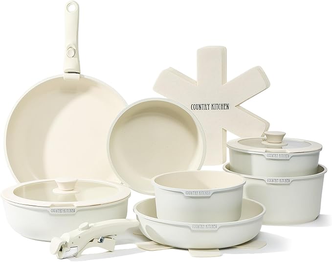 Country Kitchen Cookware Set with Removable Handle, Oven & RV Safe Pots and Pans Set, Cream, Deluxe Larger Set