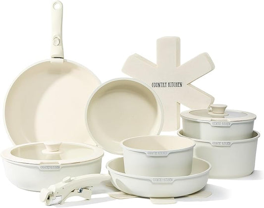 Country Kitchen Cookware Set with Removable Handle, Oven & RV Safe Pots and Pans Set, Cream, Deluxe Larger Set