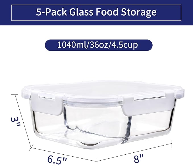 MFY 5-Pack 36 OZ Glass Storage Containers with Lids, Glass Meal Prep Containers 2 Compartment Set, Airtight Lunch Containers with Lids, Microwave, Oven, Freezer and Dishwasher Safe, White