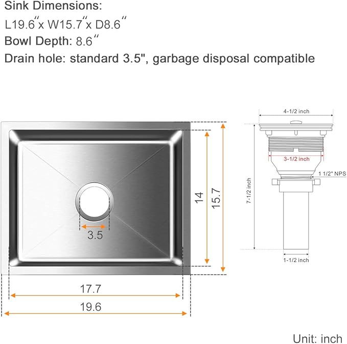 ROVATE 19.6 inch Kitchen or Bar Sink 304 Stainless Steel Undermount Single Bowl, Handmade Small Wet Bar Sink