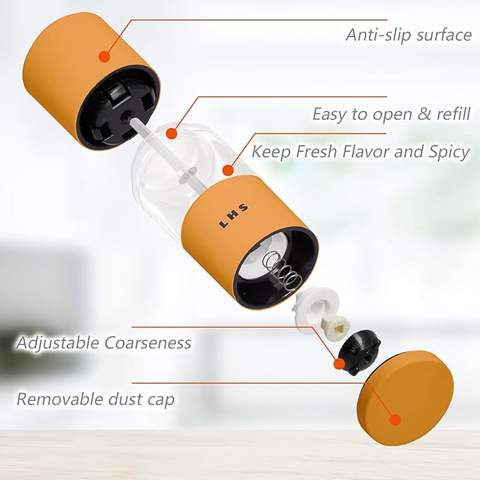 LHS Premium Salt and Pepper Grinder Set, Stainless Steel Salt Pepper Mill Set, Refillable Pepper Seasoning Mills with Adjustable Coarseness for Kitchen Use - 4.6 Inches(2-Pack, Orange & Blue)