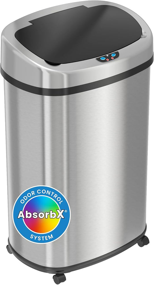 SensorCan 13 Gallon Kitchen Trash Can with Lid and Wheels Plush Odor Filter, Motion Sensor Stainless Steel Oval Garbage Bin for Home Office Work Bedroom Living Room Slim Wastebasket Trashcan