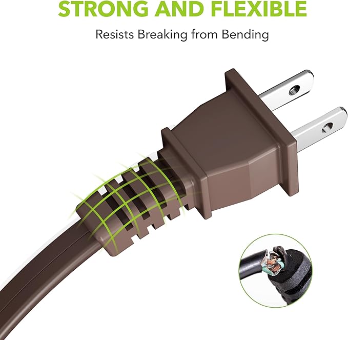 HBN Indoor Extension Cord 6ft 3 Pack Brown, 3 Outlets with Safety Cap Included, 2 Prong Polarized Plug, Perfect for Homes, Offices, and Kitchens