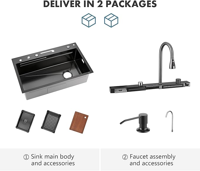 Lefton 33"x22" 304 Stainless Steel Kitchen Workstation Sink with Pull-down Faucet, Waterfall & Rainfall Outlet, Drain Basket, Metal tray, and Cutting Board, Temperature Display, Grey, KS2206L