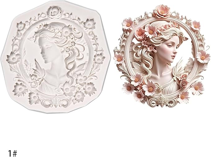 (Four-piece set) Flower picture frame girl, elegant female relief, DIY silicone mold, cake chocolate mold wedding cake decoration tool soft cake