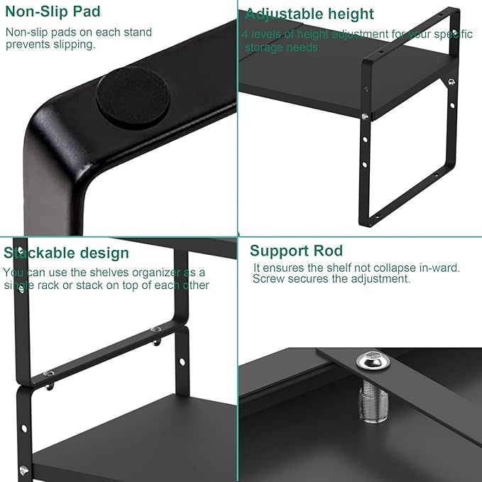 Redrubbit Expandable Cabinet Shelf Organizers, Stackable Kitchen Counter Shelves Spice Rack for Kitchen Bathroom Pantry Cupboard Desk Home Office, Metal Plate Heavy Duty Nonslip Black
