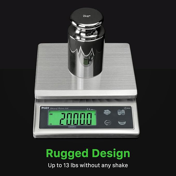 Polit Sun Rechargeable Food Scale for Kitchen13lb/6kg, 0.02oz/0.5g Precision IP65 Waterproof Kitchen Scale with LCD Display Stainless Steel Top, Grams & Ounces for Seafood, Baking & Restaurants