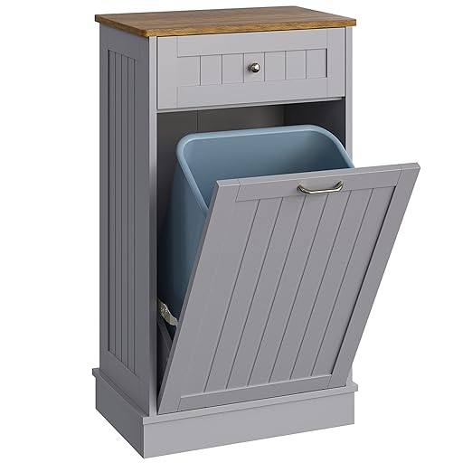 Tilt Out Trash Bin Cabinet Dog Proof Trash Can Holder Kitchen Island with Garbage Bin or Tilt Out Laundry Hamper (Gray)
