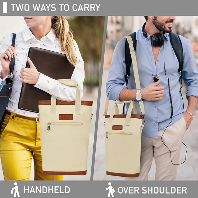 opux Two Bottle Wine Bag Carrier Tote, Insulated Leakproof 2 Bottle Wine Cooler Bag for Travel BYOB Picnic, Portable Wine Case, Gift for Men Women Wine Lover Birthday Party Christmas, Cream Beige