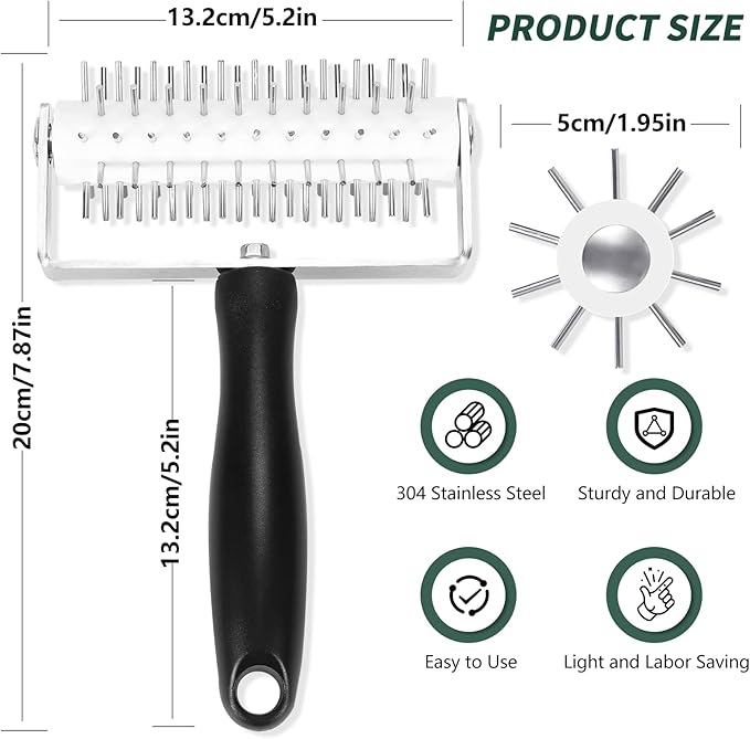 Pizza Dough Docker, Premium Dough Roller with Stainless Steel Spikes, Sturdy Pizza Docking Tool that Prevents Dough from Blistering, Time-Saver for Making Pizza Cookie Pie Pastry