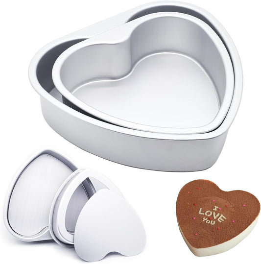 2 Pcs Heart Shaped Cake Pans with Removable Bottom, 8 & 10 Inch Aluminum Baking Mold Tool Set DIY Nonstick Cake Push Pan Cheese Cake Tray for Valentines Wedding Birthday Anniversary