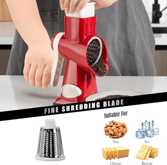 Cheese Grater Hand Crank Rotating Cheese Shredder Stainless Steel Vegetable Slicer Grater for Kitchen 3 Blades for Cheese, Carrot, Cucumber, Nuts, Chocolate, Red