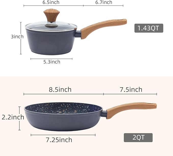 2-Piece Nonstick Cookware Set, 8.5 Inch Frying Pan & 1.43QT Saucepan with Lid | PFAS & PFOA Free Non-Toxic Coating | Induction Compatible, Dishwasher Safe | Pots and Pans Set for Beginner Kitchen