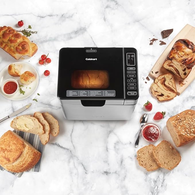 Cuisinart Bread Maker Machine, Stainless Steel Convection Bread Machine with 16 Menu Options, 3 Loaf Sizes Up to 2 Lb., 3 Crust Colors, Includes Measuring Cup, Spoon & Kneading Hook, CBK-210