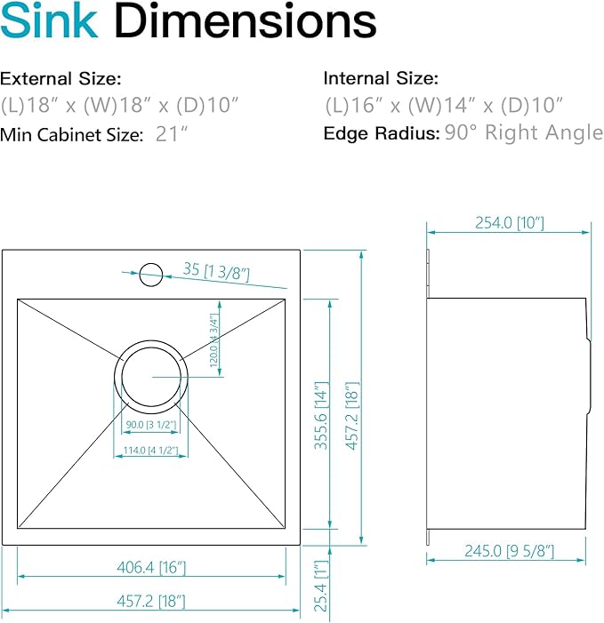 18 Black Drop In Kitchen Bar Sink, ZDHHT 18 x 18 x 10 Inches 16 Gauge T304 Black Stainless Steel Topmount Small Kitchen Sink Bar Prep Square Island Sink