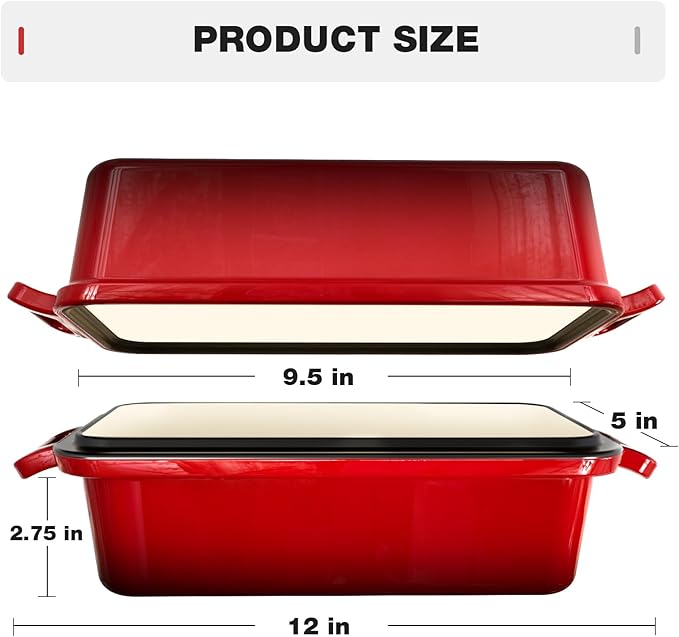 9x5 Enameled Cast Iron Loaf Pan with Lid – Bread Pan for Sourdough, Cake, Meatloaf, Even Heat, Nonstick, Easy to Clean, 2 Piece Set