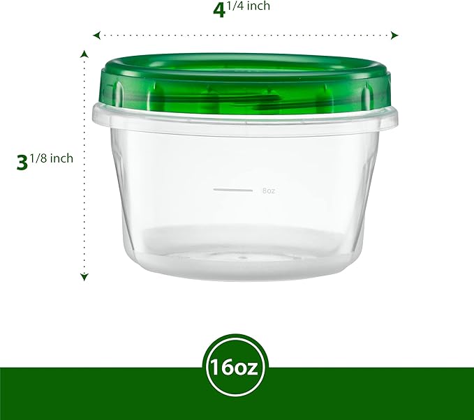 (8 Ounce 20 Pack) Twist cap Containers Clear Bottom With Green Top Screw on Lids Twist Top Food Storage Freezer Containers