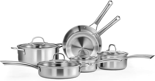 ROVSUN 10-Pcs Stainless Steel Cookware Set, Tri-Ply Pots and Pans Set with Lids, Full Clad Stainless Steel, Non-Toxic Kitchen Set, PFOA & PTFE Free, Compatible for All Cooktops