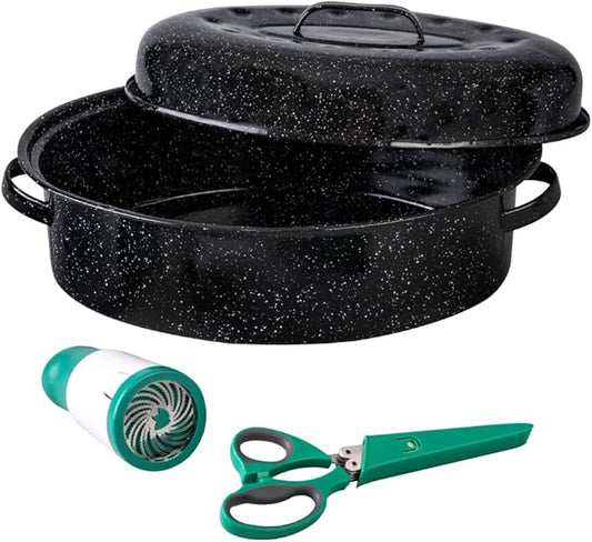 Granite Ware 4-Piece 18-in Roasting Set w/Lid, Enameled Steel, Speckled Black