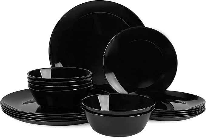 Dinnerware Sets for 6, LaGlint 18 Pieces Opal Glass Plates and Bowls Set, Dishwasher and Microwave Safe Dish Dinning Ware, Chip and Scratch Resistant Dishware Black