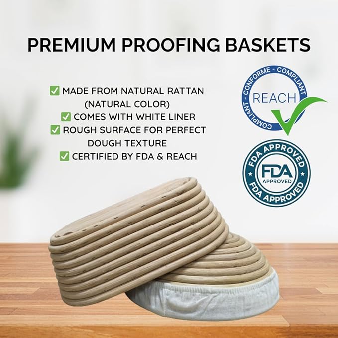 Sourdough Bread Baking Kit – 2 Banneton Proofing Baskets With Liners (9” Round & 10” Oval), Dough Whisk, Bread Lame With 5 Blades, Dough Scraper, Silicone Brush