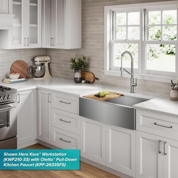KRAUS Kore 27-Inch Farmhouse Workstation 16 Gauge Stainless Steel Kitchen Sink with Accessories, KWF210-27