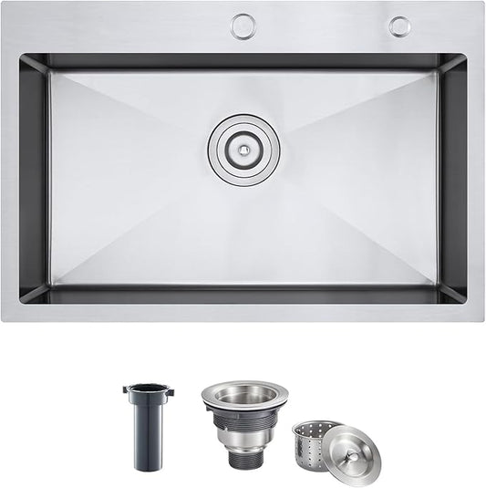 MENATT 25 Inch Drop in Kitchen Sink with 2 Faucet Holes, 25" x 18" Single Bowl 9 inch Deep 18 Gauge Stainless Steel Topmount Kitchen Sink, Brushed Nickel