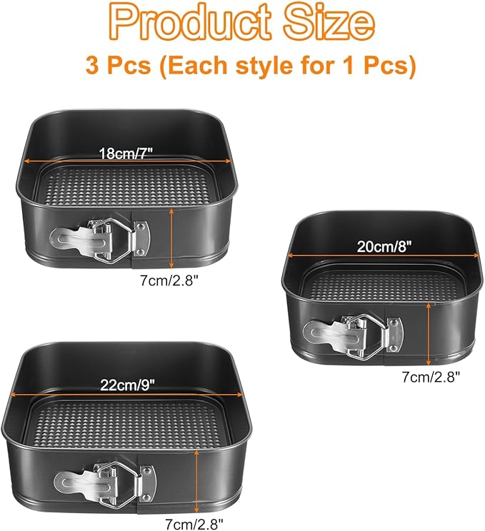 uxcell 7/8/9 Inch Springform Pan Nonstick Cake Pan with Removable Bottom Square Leakproof Cake Baking Pans Molds for Baking, Cheese Cakes, Pizza, Biscuits, Black