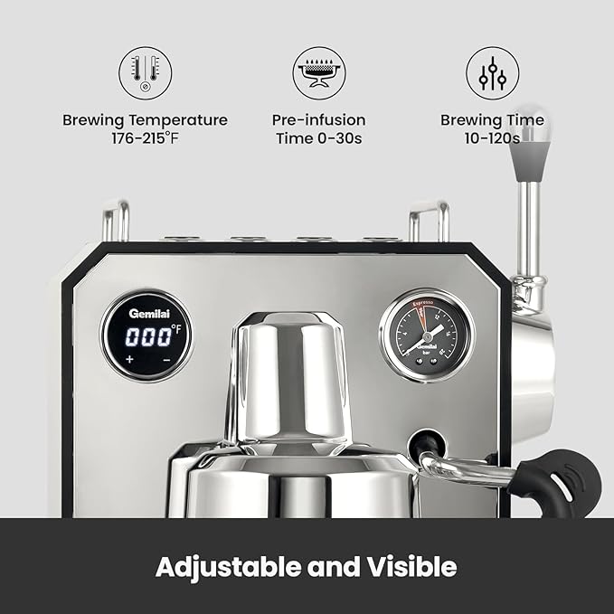 Gemilai Owl Espresso Machine, 15 Bar Professional Semi-Automatic Espresso Maker with Milk Frother Steam Wand & 57oz Removable Water Tank, Dual Display, for Cappuccino, Latte, G3006, Stainless Steel
