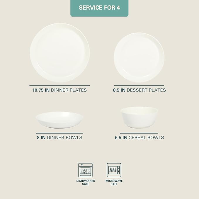 Gibson Home Summer Shades 16 Piece Plates and Bowls Dishes Service for 4 Porcelain Dinnerware Set - White