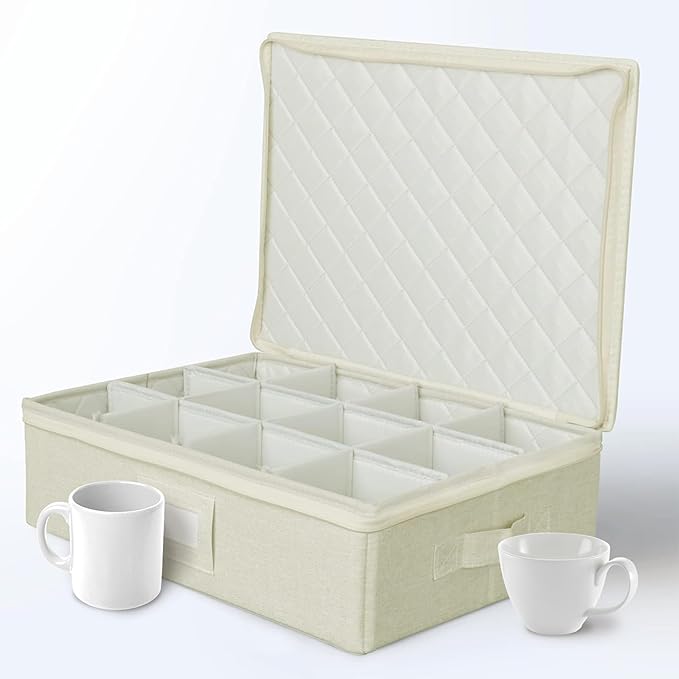 storageLAB Cup and Mug Storage Containers, Hard Shell Storage Case with Felt Dividers for Cups, Mugs, Dishes, and Glasses, Ideal for Kitchen Organizing and Moving Supplies - 1 Pack, Cream