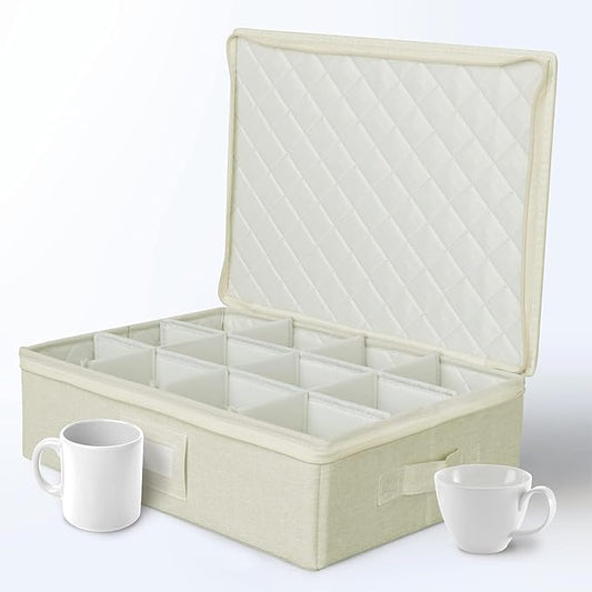 storageLAB Cup and Mug Storage Containers, Hard Shell Storage Case with Felt Dividers for Cups, Mugs, Dishes, and Glasses, Ideal for Kitchen Organizing and Moving Supplies - 1 Pack, Cream