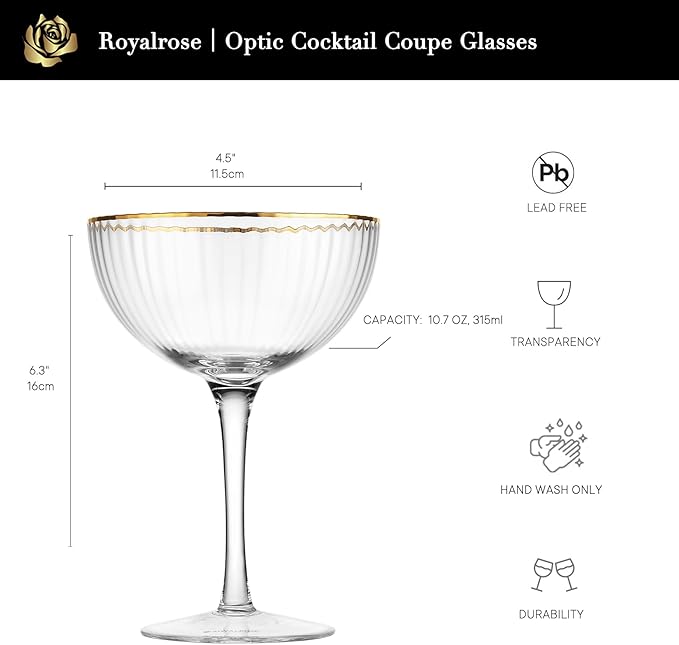 Premium Cheerfull Fluted Coupe Glasses, 10.7 oz Vintage Gold Rim, Hand-Blown Fine Glass – Elegant Barware for Cocktails, Parties & Home Entertaining (4)