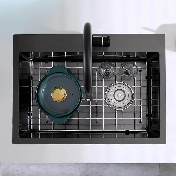 24x18x9 Inch Drop in Kitchen Sink, Handmade 304 Black Stainless Steel Single Bowl, Centre-Offset Drain, R10 Tight Corner, Topmount Kitchen Sink with Strainer & Bottom Grid