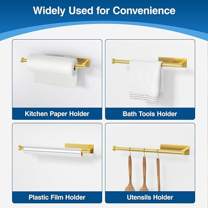 Paper Towel Holder - Self-Adhesive or Drilling, Gold, Wall Mounted, SUS304 Stainless Steel Kitchen Roll Dispenser Under Cabinet