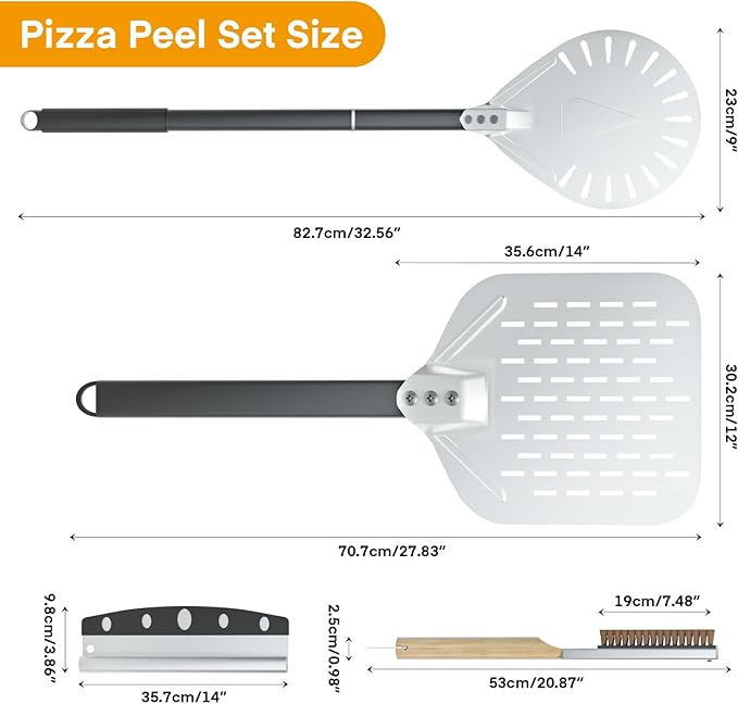 Yofuly 4PCS Pizza Oven Accessories, 12 Inch Perforated Pizza Peel, 9 Inch Round Turning Peel, Pizza Stone Cleaning Brush with Scraper, Rocker Cutter, Homemade Pizza Supplies Tools Kit