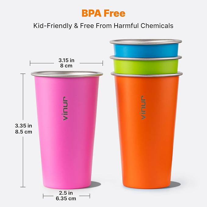 VINUR 20 oz Stainless Steel Cups 4 Pack Pint Tumbler Stackable Metal Drinking Glasses for Travel, Camping, Outdoors (Sky Blue-Orange-Hot Pink-Apple Green)