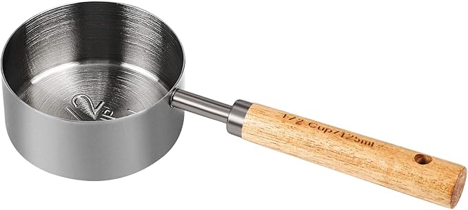Measuring Cup with Wooden Handle, 1/2 Cup Titanium-plating 125 Ml Stainless Steel, Space Gray